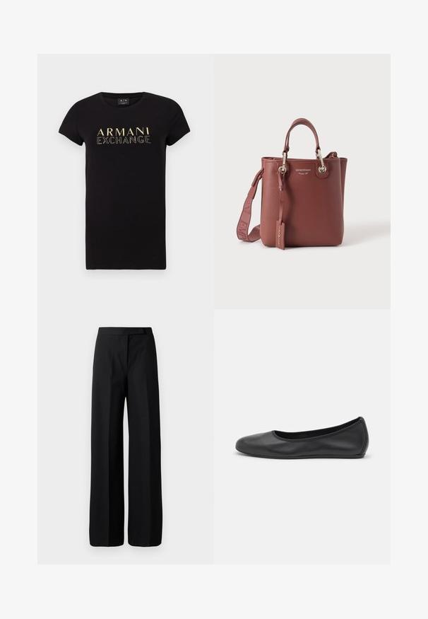 Camiseta negra de manga corta con escote redondo, con un logo dorado "ARMANI EXCHANGE" impreso en la parte frontal. Material de algodón.; Pantalones negros de pierna ancha con una textura suave y mate. Cintura plana sin herrajes visibles ni patrones. Diseño simple y elegante.; Bailarina de piel negra con punta redondeada, textura suave, detalle de costura minimalista y diseño de suela flexible.; Bolso de mano de cuero marrón con asas superiores, correa de hombro desmontable y herrajes en tono plateado, con la marca "Emporio Armani".