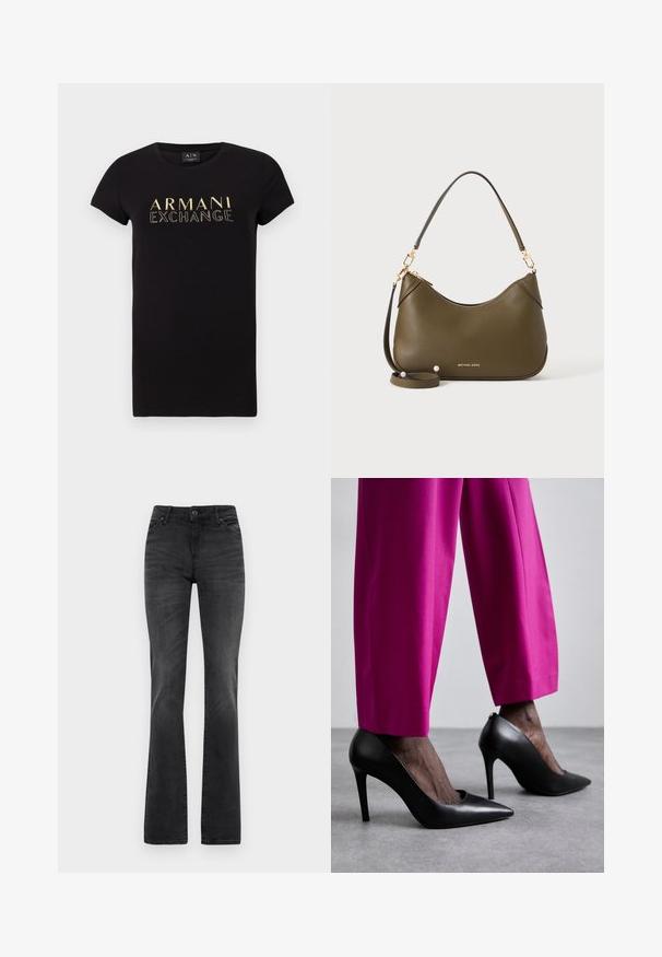 Must have lühikeste varrukatega must T-särk ümmarguse kaelusega, mille esipaneelil on kuldne "ARMANI EXCHANGE" logo. Puuvillane materjal.; Mustad mustadest räätsidest jeanid, millel on keskmise tõusuga vöökoht, ees pockets ja kerge pleekimine. Puhtas disainis pole nähtavaid kaunistusi.; Mustad mustrid kontsad jalatsid terava ninaga ja siledast nahast. Kombineeritud erkoranžide, sobivate pükstega.; Oliiviroheline nahast käekott lühikeste ja pikkade rihmadega, kuldsete detailidega ning Michael Kors logoga kullas tooni põhja lähedal, neutraalsel taustal.