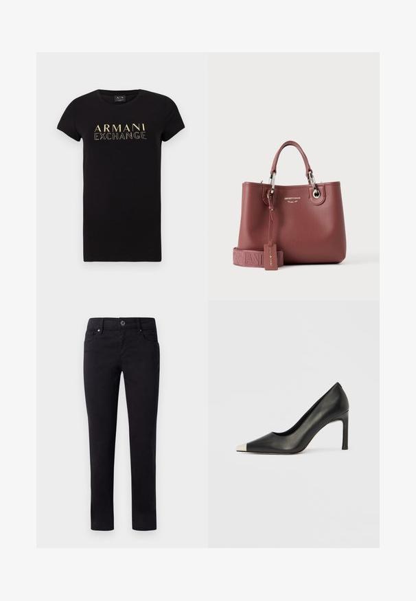 Zwarte t-shirt met korte mouwen en een ronde hals, voorzien van een gouden "ARMANI EXCHANGE" logo op de voorkant. Van katoen.; Zwarte katoen broek met een recht poten ontwerp, voorzien van zijzakken en een knoopsluiting op de taille. Gladde textuur en geen patronen.; Zwarte leren hoge hak met een spits toelopende neus en een metalen zilverkleurige kap. Heeft een gladde afwerking en een slanke hak van 10 cm.; Leren Emporio Armani handtas in donkerroze met twee handvatten, zilverkleurige hardware en een bijpassende verstelbare stoffen band met het merknaam erin geperst.