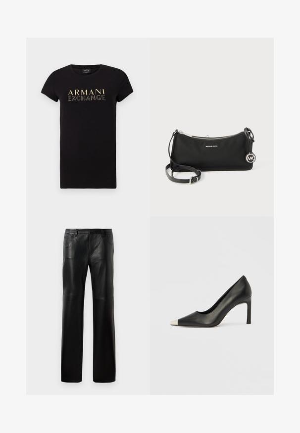 Čierne tričko s krátkym rukávom a okrúhlym výstrihom s potlačou zlatého loga "ARMANI EXCHANGE" na prednej strane. Vyrobené z bavlny.; Čierne kožené nohavice so strehaťom, s gombíkovým pásom, piatimi vreckami a viditeľným prešívaním pozdĺž švov.; Čierna kožená lodička s vysokým opätkom, špičkou a kovovou striebornou špičkou. Má hladký povrch a štíhly 10 cm opätok.; Čierna kabelka Michael Kors cez rameno so strieborným zipsom, nastaviteľným popruhom a okrúhlym príveskom s logom MK na bielom pozadí.