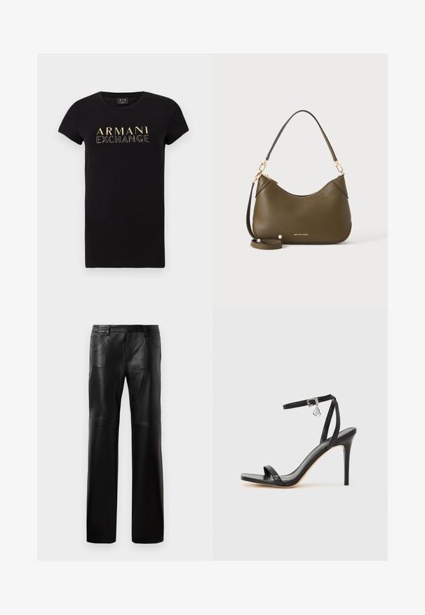Čierne tričko s krátkym rukávom a okrúhlym výstrihom s potlačou zlatého loga "ARMANI EXCHANGE" na prednej strane. Vyrobené z bavlny.; Čierne kožené nohavice so strehaťom, s gombíkovým pásom, piatimi vreckami a viditeľným prešívaním pozdĺž švov.; Čierna sandála na vysokom opätku s úzkym remienkom okolo členka, štvorcovou špičkou, hladkým koženým materiálom a kovovým zapínaním.; Olivovozelená kožená kabelka s krátkymi a dlhými remienkami, zlatým kováním a zlatým logom Michael Kors pri spodnej časti na jednoduchom pozadí.
