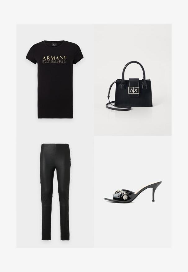 T-shirt noir à manches courtes avec un col rond, présentant un logo doré "ARMANI EXCHANGE" imprimé sur le devant. Matière en coton.; Leggings noirs en tissu lisse et extensible. Design ajusté avec une texture douce. Présente des détails de couture au niveau des genoux.; Mule à talon haut en cuir verni noir avec bout ouvert et breloques argentées décoratives comprenant une fleur et un cadenas sur la bride avant.; Sac à main en cuir noir avec un design structuré, des poignées supérieures et une bandoulière amovible. Présente une plaque logo en ton argent et une texture lisse.