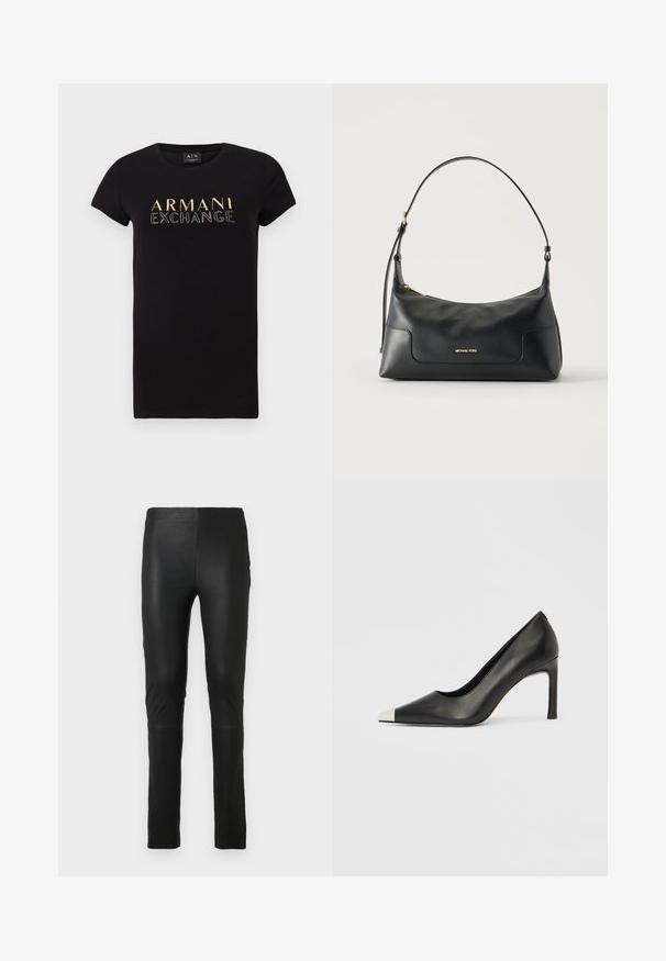 Camiseta negra de manga corta con escote redondo, con un logo dorado "ARMANI EXCHANGE" impreso en la parte frontal. Material de algodón.; Leggings negros hechos de un tejido liso y elástico. Diseño ajustado con una textura suave. Presentan detalles de costura en las rodillas.; Zapato de tacón alto de cuero negro con punta en forma de pico y una tapa metálica plateada. Presenta un acabado suave y un tacón delgado de 10 cm.; Bolso de hombro de cuero negro con cremallera dorada y logo, diseño curvado, una sola correa y paneles de cuero texturizados y lisos.