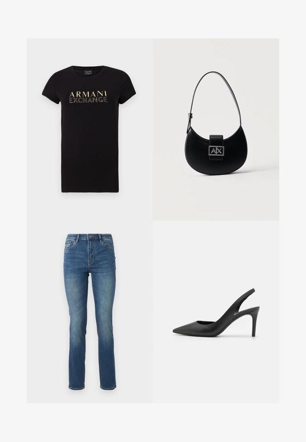 Čierne tričko s krátkym rukávom a okrúhlym výstrihom s potlačou zlatého loga "ARMANI EXCHANGE" na prednej strane. Vyrobené z bavlny.; Stredne vysoké modré džíny s rovným strihom, s hladkou textúrou, jemným vyblednutím a klasickým dizajnom s piatimi vreckami a zapínaním na gombík.; Čierne kožené slingback vysoké podpätky s dizajnom špicatých špičiek, s výrezom vpredu a tenkým stiletto podpätkom.; Čierna kabelka v tvare polmesiaca s jedným nastaviteľným remienkom a striebornou prackou s logom A|X na prednej klapke.