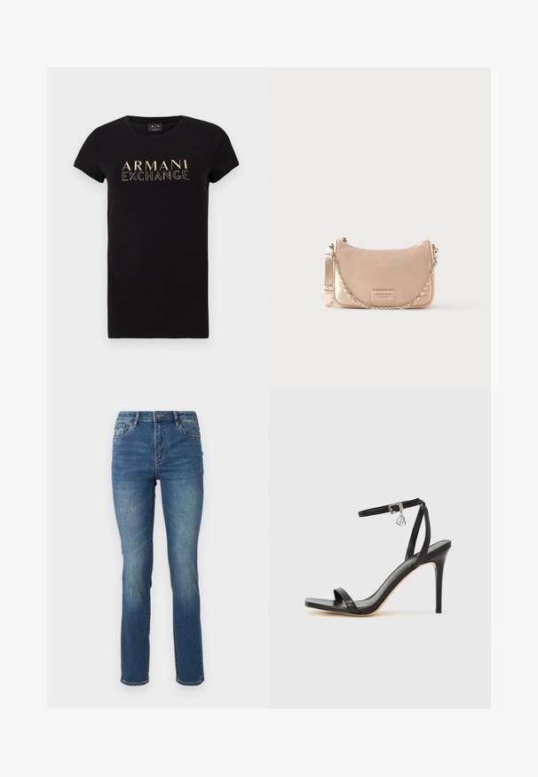 Sort kortærmet t-shirt med rund halsudskæring, der har et guld "ARMANI EXCHANGE" logo trykt på forsiden. Materialet er 100% bomuld.; Mellem-høje, blå denim jeans med lige ben, der har en glat tekstur, subtil falming og klassisk fem-lomme design med knaplukning.; Sort hæl-sandal med smal ankrem, firkantet tå-boks, glat lædermateriale og metalspænde som pynt.; Bleg lyserød håndtaske med en buet silhuet, glat lædermateriale og en kæderem. Har en logo-patch på fronten.
