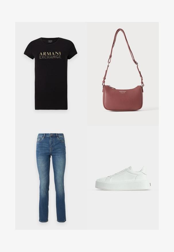 Sort kortærmet t-shirt med rund halsudskæring, der har et guld "ARMANI EXCHANGE" logo trykt på forsiden. Materialet er 100% bomuld.; Mellem-høje, blå denim jeans med lige ben, der har en glat tekstur, subtil falming og klassisk fem-lomme design med knaplukning.; Hvid lavtop sneaker med tekstureret læder, tyk platåsål og snørelukning, vist i profil på ensfarvet baggrund.; Lille tekstureret violet læderskuldertaske med justerbar rem og sølvlynlås, med Emporio Armani Milano 1981-logo på fronten.