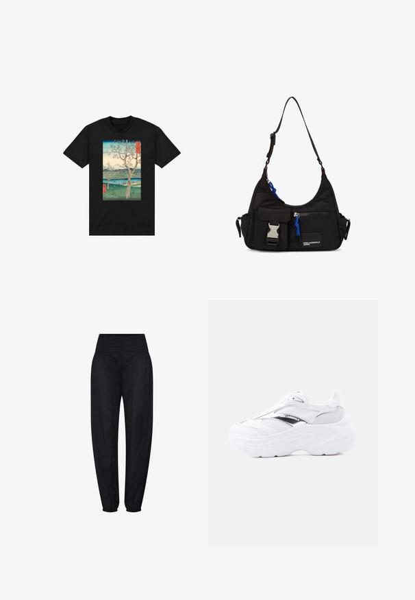 Camiseta negra con un diseño impreso de árboles en flor y montañas, con un cielo azul y acentos rojos, que evoca un paisaje clásico japonés.; Pantalones negros de tiro alto con cintura fruncida y puños elásticos recogidos, ajuste suelto en las caderas y piernas estrechas.; Zapatilla deportiva blanca con suela gruesa, parte superior de malla y cuero, detalle metálico plateado y el logotipo "Karl Lagerfeld" en el lateral.; Bolso de hombro negro de nylon con forma curvada, correa ajustable, bolsillo frontal con cierre, acento azul y detalle de logo.