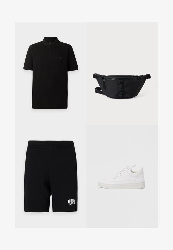 Sort bomulds polo shirt med korte ærmer, tre-knaps lukning og subtilt broderet logo på venstre bryst. Glat tekstur.; Sorte shorts lavet af blød bomuldsblanding med elastisk talje, med et hvidt logo på venstre ben og sidelommer.; Hvid lædersneaker med rundet tå, flad sål og snørebånd foran. Har syningsdetaljer og polstret krave for komfort.; Sort Moschino bæltetaske med frontlynlås og justerbar rem på en ensfarvet lys baggrund.