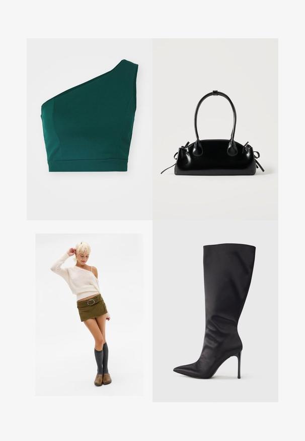 Asymmetrisk grøn crop top lavet af glat stof, med en enkelt skulderrem og en tætsiddende kant.; Kvinde med kort blond hår iført en cremefarvet off-shoulder sweater, grøn mini-nederdel med bælte, knæhøje grå sokker og brune klipklappere, der poserer.; Sort knæhøj stiletstøvle lavet af glat, glansfuldt materiale; spids tå; tætsiddende pasform med let samling nær anklen; skinnende hæl.; Lille sort blank håndtaske med to lange håndtag og snøre-detaljer i siden på en ensfarvet lys baggrund.
