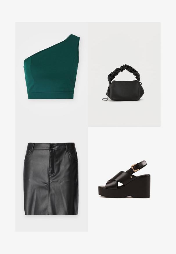Kumerohke roheline crop top, mis on valmistatud siledast kangast, ühe õlavarre rihmaga ja sobiva alläärega.; Must mustriba mustriba suju tekstuuriga nahast seelik, mis on väljakujunenud disainiga, ees taskud ja ühekordne nööpkinnitus vööl.; Mustast nahast kiilkontsaga sandaal, ristis esiosade rihmadega, reguleeritava kuldse pandlaga pahklu rihmaga ja paksu platvormtalvaga.; Musthave ringikott, millel on ümar kuju ja mis on valmistatud siledate materjalidest. Omab pehmet, mõõduka kumerusega käepidet ja metallist ahelhõlma, mis pakub mitmekesiseid kandmisvõimalusi.