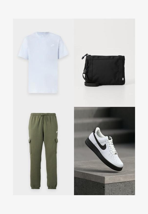 Lyseblå bomulds t-shirt med korte ærmer, rund hals og et hvidt Nike-logo trykt på venstre bryst. Glat tekstur, simpelt design.; Oliven grønne cargo bukser med elastisk talje, snorelukning, sidelommer og brandet logo på låret. Glat bomuldsblanding.; Hvid lædersneaker med sorte detaljer, rundet tå og perforerede detaljer. Sort gummisål med tekstureret mønster og snørelukning.; Sort stof skuldertaske med en struktureret overflade, justerbar rem og snørelukning. Har kraftige syninger og et sideetiket.