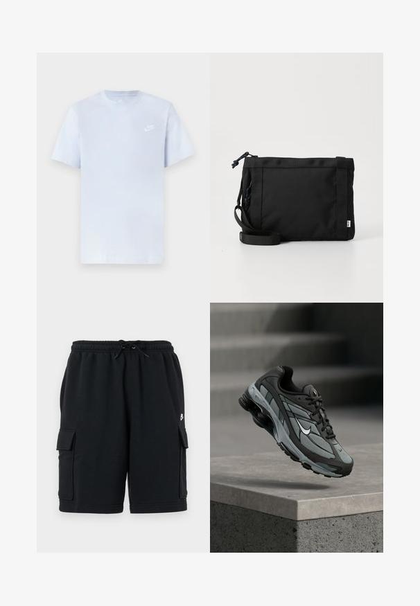 Hellblaue Baumwoll-T-Shirt mit kurzen Ärmeln, Rundhalsausschnitt und einem weißen Nike-Logo, das auf der linken Brust gedruckt ist. Glatte Textur, schlichtes Design.; Schwarze Baumwoll-Cargoshorts mit elastischem Bund und Kordelzug, ausgestattet mit zwei Seitentaschen und einem kleinen Logoakzent.; Grauer und schwarzer Sportschuh mit Netzpaneelen und dicker Sohle, schwebend in der Luft über einer Betonmauer mit Treppen im Hintergrund.; Schwarze Stoff-Schultertasche mit texturiertem Äußeren, verstellbarem Schultergurt und Kordelzugverschluss. Verfügt über auffällige Nähte und ein seitliches Etikett.