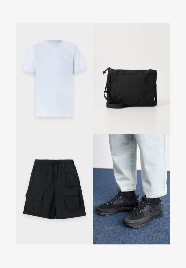 Svetlomodré bavlnené tričko s krátkymi rukávmi, okrúhlym výstrihom a bielym logom Nike potlačeným na ľavej hrudi. Hladká textúra, jednoduchý dizajn.; Čierne cargo šortky vyrobené z ľahkej tkaniny, s viacerými veľkými vreckami, elastickým pásom s šnúrkou a hladkou štruktúrou.; Čierne športové topánky s textúrovanou tkaninou a gumovou podrážkou, so elastickými šnúrkami a modrým akcentom na päte. Nosia sa s svetlými riflami.; Čierna textilná ramenná taška s textúrovaným povrchom, nastaviteľným pásom a sťahovaním. Vyznačuje sa výrazným prešívaním a bočným štítkom.