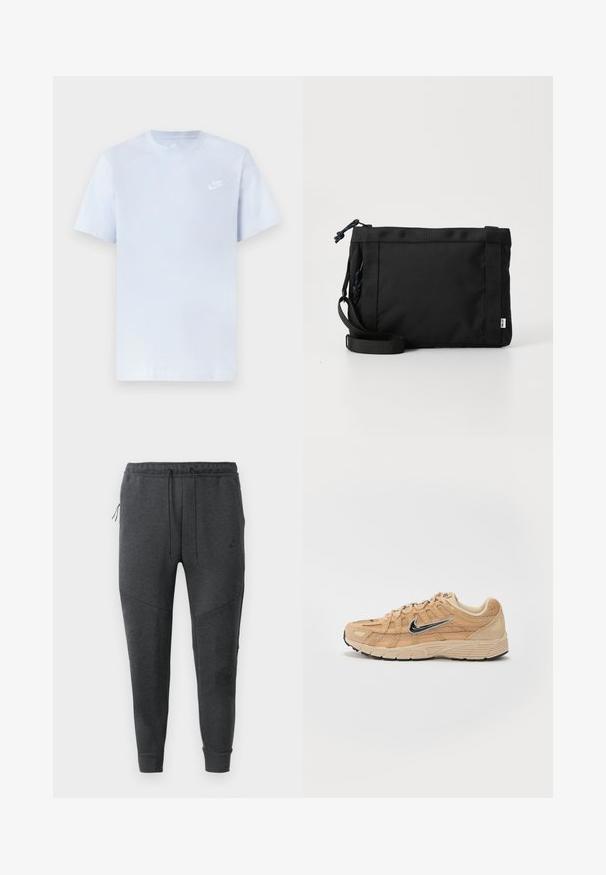 Camiseta de algodón de color azul claro con mangas cortas, cuello redondo y un logo blanco de Nike impreso en el pecho izquierdo. Textura suave, diseño sencillo.; Pantalones jogger Nike de color gris oscuro con cordón en la cintura, bolsillo lateral con cremallera, piernas ajustadas y puños acanalados sobre un fondo blanco.; Zapatilla deportiva beige con materiales de malla y ante, silueta curva, suela negra, prominente logo plateado de Nike en el lateral y acentos texturizados.; Bolsa de hombro de tela negra con exterior texturizado, correa ajustable y cierre de cordón. Presenta costuras llamativas y una etiqueta lateral.