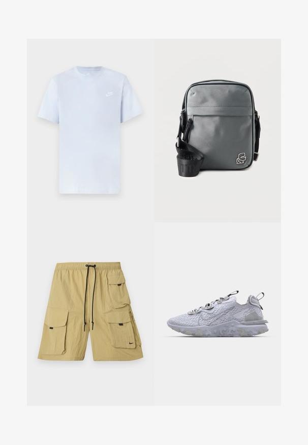 Svetlomodré bavlnené tričko s krátkymi rukávmi, okrúhlym výstrihom a bielym logom Nike potlačeným na ľavej hrudi. Hladká textúra, jednoduchý dizajn.; Béžové cargo šortky vyrobené z ľahkej tkaniny. Majú niekoľko bočných vreciek, elastický pás so sťahovacou šnúrkou a malé logo.; Svetlo šedá športová obuv s priedušným sieťovaným zvrškom, textúrovanou gumovou podrážkou a reflexnými akcentmi. Obsahuje polstrovaný golier a šnurovací dizajn.; Kompaktná sivá kabelka cez rameno s predným vreckom na zips, čiernym nastaviteľným remienkom a malým strieborným logom v pravom dolnom rohu.