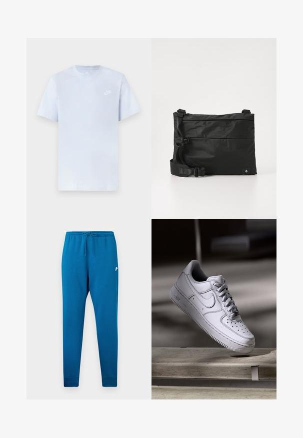 Hele sinine puuvillane t-särk lühikeste varrukatega, ümar kaelus ja valge Nike logo trükituna vasakul rinnal. Sile tekstuur, lihtne disain.; Sinised dressipüksid elastse vöökohtaga ja reguleeritava stringiga. Tootel on valge logo reiele ja kitsenevad mansetid pahkluude juures.; Valge nahast Nike Air Force 1 tennisejalanõu, millel on perforatsiooniga varvas, lamedad paelad ja tekstureeritud kummist tallaga, millel on küljele märgitud "AIR".; Mustast nailonist kullerikott reguleeritava rihmaga, lame disain ja külgedel asuv logo sildiga. Sile tekstuur ja minimalistlik stiil.