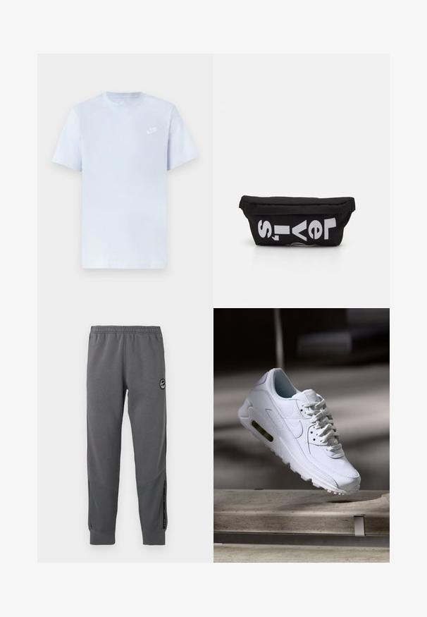 Hellblaue Baumwoll-T-Shirt mit kurzen Ärmeln, Rundhalsausschnitt und einem weißen Nike-Logo, das auf der linken Brust gedruckt ist. Glatte Textur, schlichtes Design.; Graue Sweatpants aus weichem Stoff mit einem elastischen Bund, schmal zulaufenden Beinen, Seitenpaneelen und einem runden Logo-Patch.; Weiße Lederturnschuhe mit strukturierten Oberflächen, gepolstertem Kragen und sichtbarer Luftpolsterung in der Sohle. Verfügt über Schnürsenkel und ein minimalistisches Design.; Schwarze Stofftasche mit flacher Form, mit fettgedrucktem weißen Text. Der Reißverschluss befindet sich oben, mit einer Schlaufe an einer Seite.