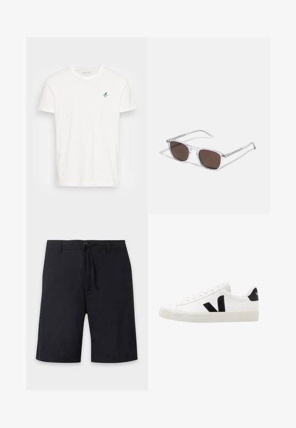 Weißes Baumwoll-T-Shirt mit kurzen Ärmeln, das ein kleines grünes Segelschiff und Wellenmuster auf der linken Brust zeigt. Klassischer Rundhalsausschnitt.; Schwarze knielange Shorts mit Gürtelschlaufen, Knopfverschluss und verstellbarem Kordelzug in der Taille.; Weiße Leder-Sneaker mit schwarzen Wildlederelementen; verfügen über eine Gummisohle, eine runde Spitze und ein klassisches Schnürdesign. Seitliches Logo in Schwarz.; Klarer Kunststoff-Sonnenbrillen mit rechteckigen braunen Gläsern, ausgestattet mit dünnen, transparenten Bügeln und Metallakzenten an den Schläfen.