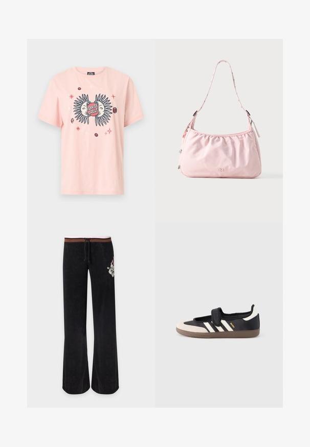 Camiseta cor de rosa claro com um gráfico de dois sóis com faces, envolvendo um oval vermelho com o texto "Santa Cruz", além de pequenas estrelas e planetas espalhados.; Calças pretas de perna larga com cintura às riscas castanha e rosa, cordão e bordado floral branco no quadril direito.; Sapatilha preta e bege com uma faixa de velcro, três riscas brancas ao lado e uma sola de borracha castanha texturizada. Logótipo da marca visível.; Mala de ombro rosa claro com alça ajustável, borda superior franzida, fecho de fecho éclair e pequeno logótipo em relevo no centro da frente.