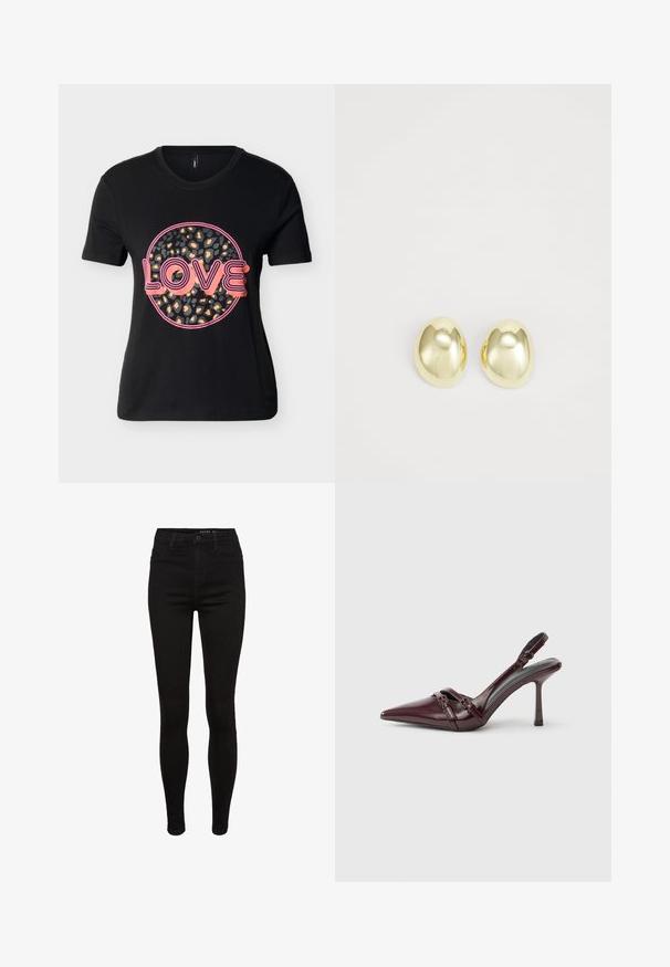 Sort kortærmet skjorte med et stort cirkulært leopardmønster og pink 3D-stil "LOVE" tekst centreret på forsiden.; Sorte skinny jeans i denim med høj talje, fem lommer, bæltestropper og subtile syninger. Glat tekstur, tætsiddende pasform.; Bourgogne laklæder slingback-hæl med spids tå, tynd ankelrem og lille dekorativ spænde. Glat tekstur og høj hæl.; Guldtonede metalstudøreringe med en glat, rund form og poleret overflade. Simpelt design uden yderligere dekorationer.