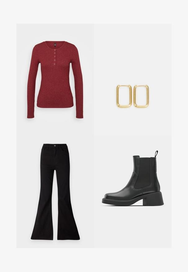 ONLY Tall ONLLINEA O NECK BUTTON - Langarmshirt - cabernet smelange; Schwarze weite Jeans aus Denim, mit hoher Taille, Fronttaschen und einer großen Öffnung am Hosenbund für eineweite Beinform.; Schwarze Leder-Stiefeletten mit elastischen Seitenpanelen, abgerundetem Zehenbereich und einem klobigen Blockabsatz. Glatte Textur mit einem minimalistischen Design.; Ohrringe aus goldenem Metall in Form von quadratischen Kreisen mit abgerundeten Kanten und polierter Oberfläche, die das Licht mit ihrem glänzenden Finish reflektieren.
