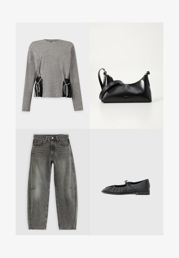 Top gris de manga larga con escote redondo y detalles laterales negros recogidos atados con lazos de tela gris en cada lado.; Jeans de mezclilla gris deslavado de cintura alta con cinco bolsillos, cierre de botón y un corte recto relajado.; Zapato plano negro con diseño delantero plisado y un lazo atado en la parte superior, tacón bajo y textura lisa sobre un fondo gris claro.; Bolso de mano de cuero negro con una textura suave. Cuenta con una correa ajustable y un diseño elegante y minimalista con cierre de cremallera.