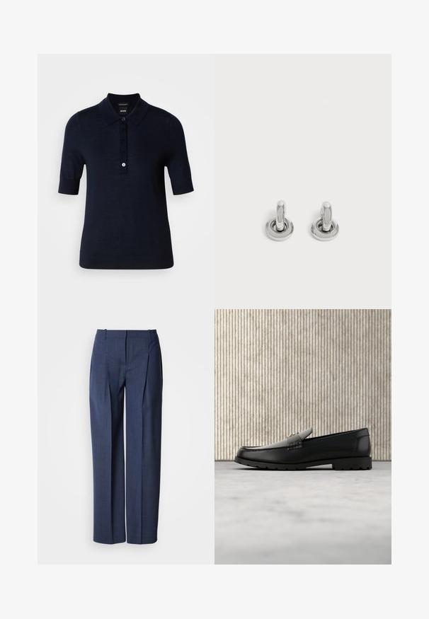 Navyblauwe polo shirt gemaakt van een gladde stof, met een kraag, korte mouwen en een knoopsluiting met een klein logodetail.; Marineblauwe op maat gemaakte pantalon met plooien, lussen voor een riem en een rits aan de voorkant, getoond op een witte achtergrond.; Zwarte leren loafers met een verhoogde naad, gouden accentlogo en gestructureerde band. Voorzien van een dikke, duurzame rubberen zool.; Een paar kleine, glanzende zilveren creolen met een ronde basis, afgebeeld op een effen lichte achtergrond.