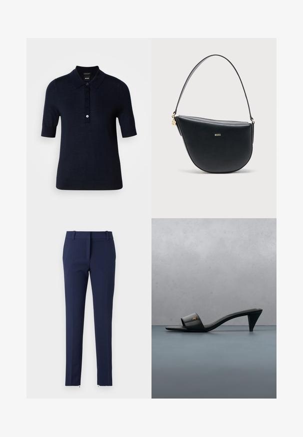 Mørkeblå polo skjorte lavet af et glat stof, med krave, korte ærmer og en knaplukning med små logo detaljer.; Mørkeblå bukser med slim fit, lavet af tekstureret stof. Har flad front, bæltestege og lynlåse ved kanten for ekstra detaljer.; Sort læder åben-toe sandal med hæl og guld logo på remmen, der svæver over en flisebelagt udendørs overflade med grønne planter i baggrunden.; Sort lædertaske i halvmåneform med enkelt skulderrem og gyldent BOSS-logo centreret på forsiden.