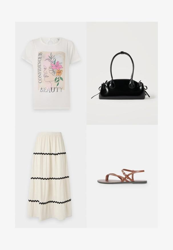 Camiseta blanca con un diseño gráfico de una cara adornada con flores y el texto "LA CONFIANZA ES BELLEZA". Mangas cortas, cuello redondo.; Falda larga hasta el tobillo en tejido crema con ribetes ondulados en negro. Presenta una cinturilla elástica para mayor comodidad y una caída ligera y fluida.; Sandalias planas de cuero marrón con correas entrelazadas, diseño de punta abierta y una correa en el tobillo con hebilla. Textura suave y estilo minimalista.; Pequeño bolso negro brillante con dos asas largas y detalles de cordón lateral sobre un fondo claro liso.