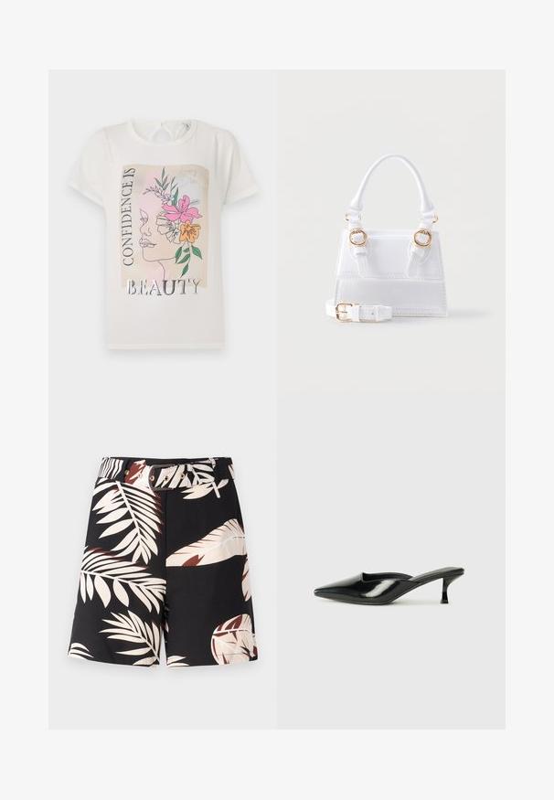 Weißes T-Shirt mit einem grafischen Design eines Gesichts, das mit Blumen geschmückt ist, und dem Text "SELBSTVERTRAUEN IST SCHÖNHEIT." Kurze Ärmel, runder Halsausschnitt.; Schwarze Shorts mit einem tropischen Blattmuster in Beige- und Rosttönen. Verfügt über einen passenden Gürtel mit goldenen Beschlägen und einem klassischen Schnitt.; Schwarze Lackleder-Mules mit spitzem Zeh, niedrigem Kitten-Heel und geschwungenen Seiten, die ein glänzendes Finish und ein minimalistisches Design aufweisen.; Weiße strukturierte Handtasche mit oberem Griff, zwei goldfarbenen Schnallen auf der Vorderseite und einem abnehmbaren, verstellbaren Schulterriemen.