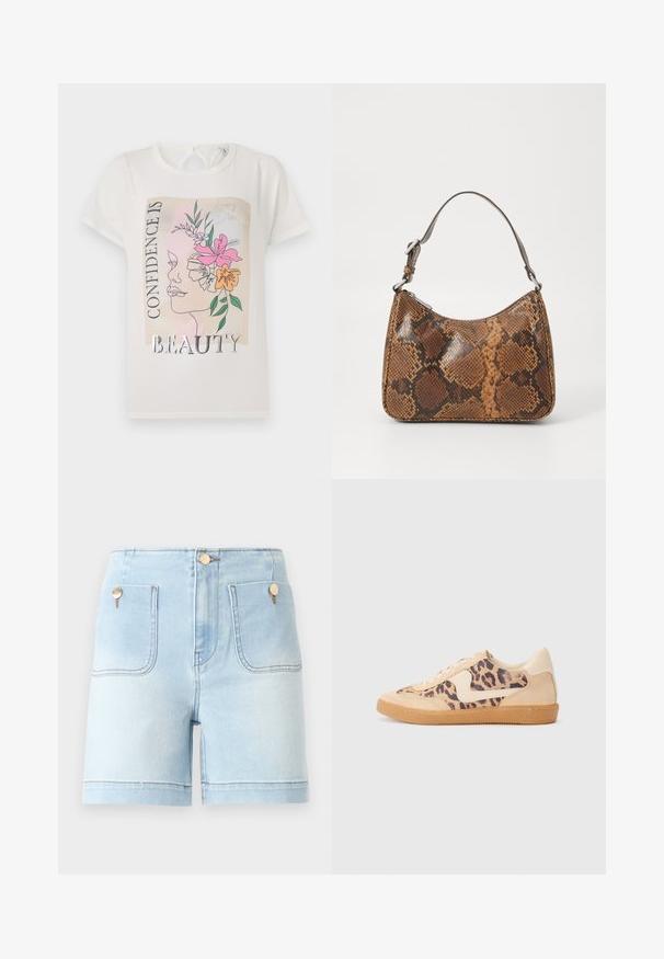 Witte t-shirt met een grafisch ontwerp van een gezicht versierd met bloemen en de tekst "VERTROUWEN IS MOOIHEID." Korte mouwen, ronde hals.; Lichtblauwe denim korte broek met hoge taille, met twee voorzakken, gouden hardware accenten en een nette zoom.; Luipaardprint sneakers met een beige suède bovenkant, tan rubberen zool en witte accenten. Ronde neus en vetersluiting met een gestructureerde afwerking.; Kleine handtas met een bruin en zwart slangenprintpatroon, korte verstelbare schouderriem en ritssluiting.