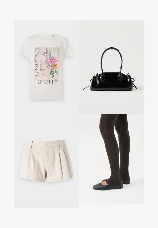 Camiseta blanca con un diseño gráfico de una cara adornada con flores y el texto "LA CONFIANZA ES BELLEZA". Mangas cortas, cuello redondo.; Pantalones cortos de lino en un color beige claro, con un diseño plisado, cierre frontal de botón y un acabado suave y texturizado.; Piernas con leggings oscuros acanalados combinados con bailarinas negras que presentan pequeños detalles de lazo sobre un fondo blanco.; Pequeño bolso negro brillante con dos asas largas y detalles de cordón lateral sobre un fondo claro liso.