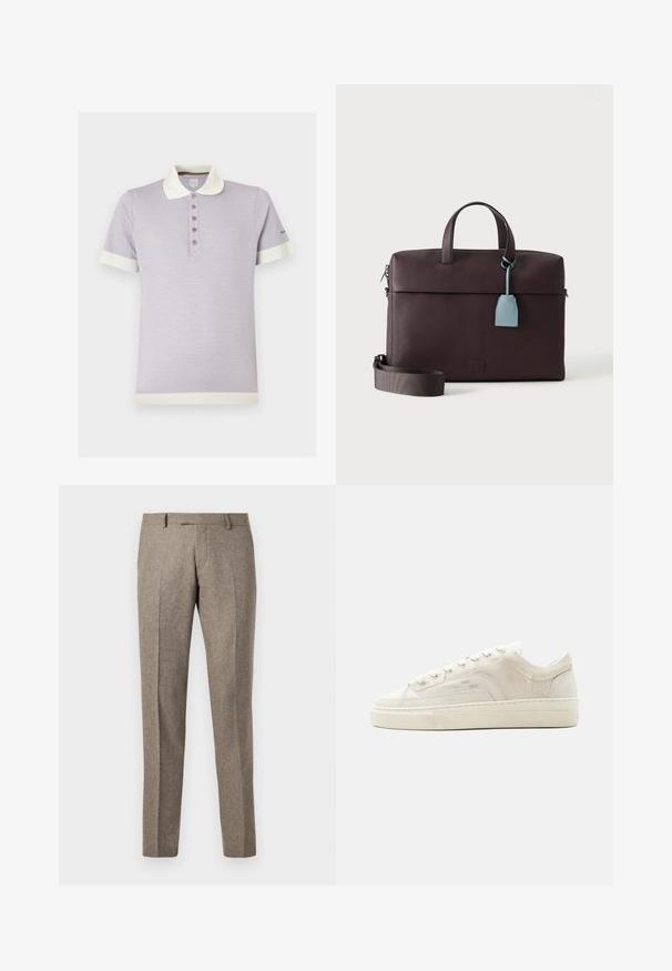 Lichtpaarse polo met korte mouwen, witte kraag en mouwboorden, voorzien van een knoopsluiting met vijf knopen en een geribde zoom.; Bruine wolblend broek met een rechte pijpdesign, voorzien van een subtiele textuur en kreuklijnen, afgewerkt met een klassieke tailleband.; Witte lage sneaker met vetersluiting, gestructureerd stoffen bovenwerk en dikke rubberen zool, gezien vanaf de buitenkant op een effen achtergrond.; Donkerbruine leren aktetas met bovenhandvatten, afneembare schouderriem en lichtblauw leren label dat aan één handvat hangt.