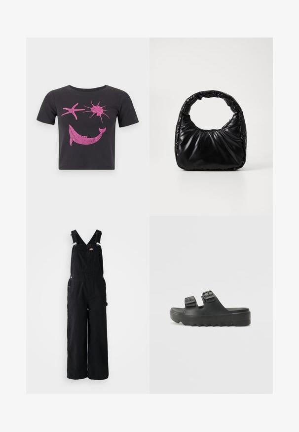 Zwart kort mouw crop top met roze afbeelding van een dolfijn, zeester en zon aan de voorkant tegen een effen achtergrond.; Zwarte denim dungarees met brede pijpen, verstelbare schouderbanden, een voorktas en zilveren hardware-accenten. Glad van textuur, minimaal ontwerp.; Zwarte rubberen sandalen met twee verstelbare gespen, een textuur voetbed en een dikke, zigzag zool voor extra grip en comfort.; Zwarte gevoerde handtas met een ronde handgreep, met een gladde, glanzende oppervlakte en een zachte, gewatteerde textuur. Geen zichtbare metalen onderdelen of accenten.