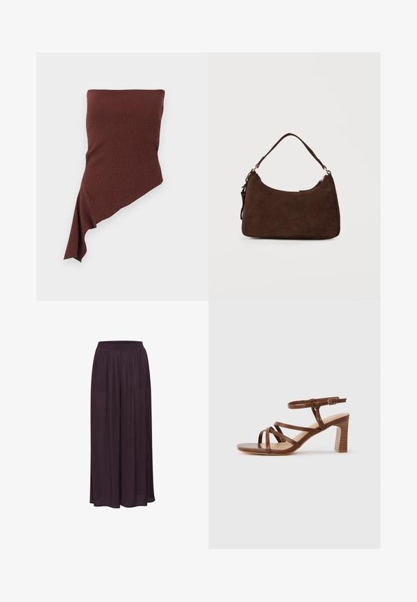 Tissu marron texturé avec un ourlet asymétrique en diagonale, conçu comme un top tube sans bretelles.; Pantalons larges en tissu léger, de couleur violet foncé. Dotés d'une taille élastique et d'un design fluide avec une texture lisse.; Sandale en cuir marron à lanières avec un talon bloc et une boucle de cheville réglable sur un fond clair uni.; Sac à bandoulière en daim marron avec une seule sangle et une fermeture éclair sur un fond clair uni.