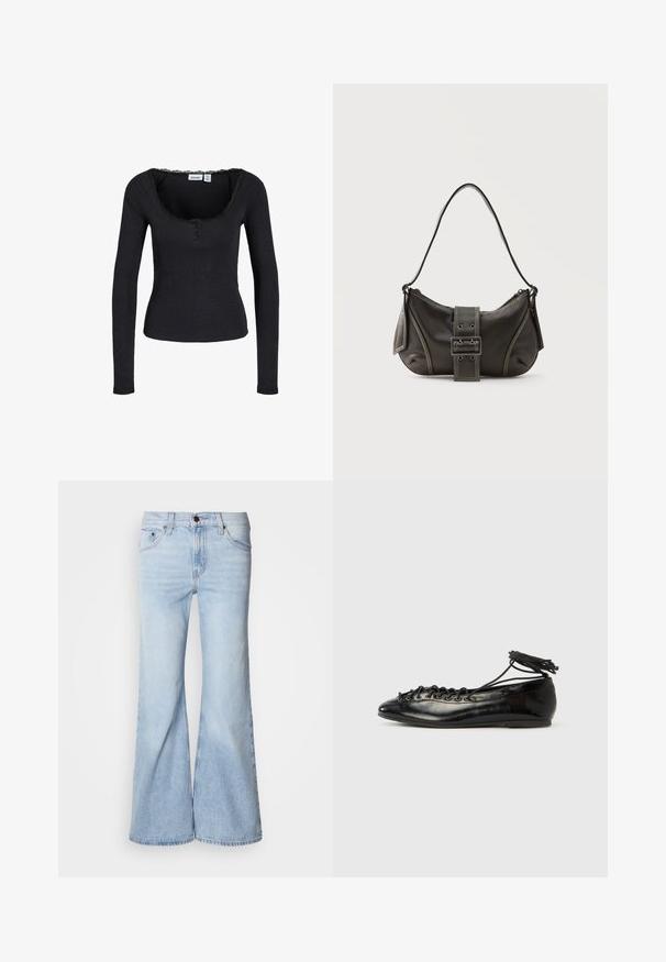 Haut noir à manches longues côtelé avec trois boutons devant et encolure dégagée bordée de dentelle, coupe ajustée.; Jean évasé bleu clair, avec une taille haute, en tissu denim, cinq poches et une fermeture par bouton. Les jambes sont larges et présentent une légère décoloration.; Ballerines en cuir verni noir avec un bout rond, un design à lacets et une semelle plate. Texture lisse avec peu de détails.; Sac à épaule en cuir noir avec une sangle à boucle, des bords arrondis et des coutures blanches contrastées sur un fond uni.