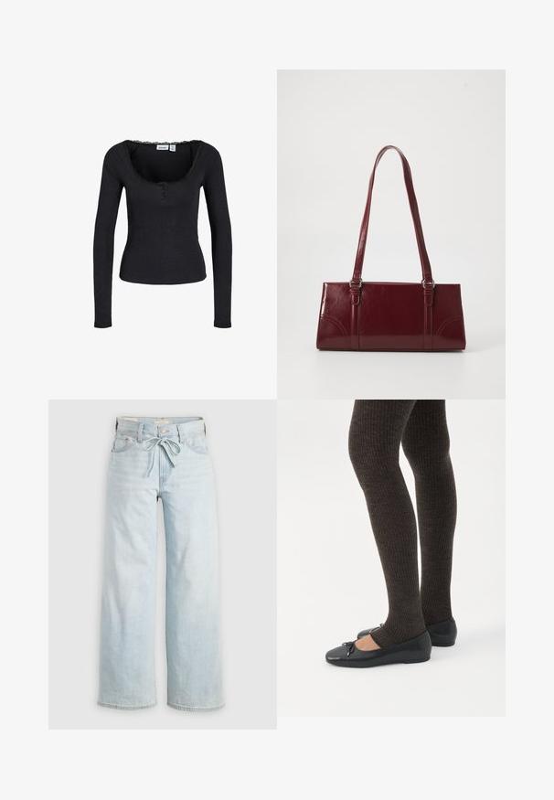 Sort langærmet ribbet top med tre knapper foran og rund halsudskæring med blonder, tætsiddende pasform.; Lysblå vide jeans med bindebånd fortil, klassisk fem-lomme design og subtile falmede detaljer ved benene. Denim materiale.; Ben iført mørke ribbede leggings kombineret med sorte balletsko med små sløjfedetaljer på hvid baggrund.; Bordeaux håndtaske lavet af glansfuldt materiale, rektangulær form, med to skulderremme og subtile buede detaljer på forsiden.