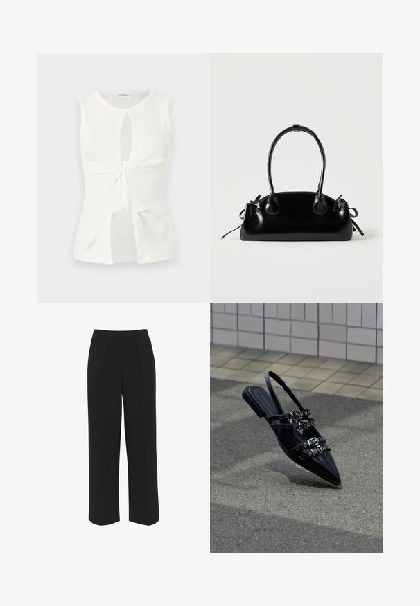 Haut blanc sans manches avec encolure ronde, détail torsadé à l'avant, découpes en forme de goutte en haut et en bas, et une texture de tissu douce et lisse.; Pantalons larges noirs avec une taille plate, comportant des plis à l'avant et une texture lisse. Pas de poches ni de matériel visible.; Sandale plate noire à bout pointu avec plusieurs sangles à boucle et un talon arrière, positionnée au-dessus d'une surface pavée et d'un mur carrelé en arrière-plan.; Petit sac à main noir brillant avec deux longues anses et des détails à cordon sur les côtés sur un fond clair uni.