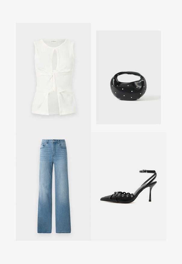 Ärmelloses weißes Oberteil mit rundem Ausschnitt, vorderer Drehung, oberen und unteren Schlüsselloch-Ausschnitten sowie einer weichen, glatten Stoffstruktur.; Helleblaue hochtaillierte Jeans mit geradem Bein. Aus Denim gefertigt, mit fünf Taschen und einem Knopfverschluss.; Schwarzer, spitzer High-Heel-Schuh mit geschwungenen Kanten, Metallösen, Schnürung vorne und Knöchelriemen mit Schnallverschluss.; Schwarze Lederhandtasche mit abgerundeter Form, verziert mit silbernen Nietenakzenten und kurzem Griff. Glatte Struktur und Reißverschlussverschluss.