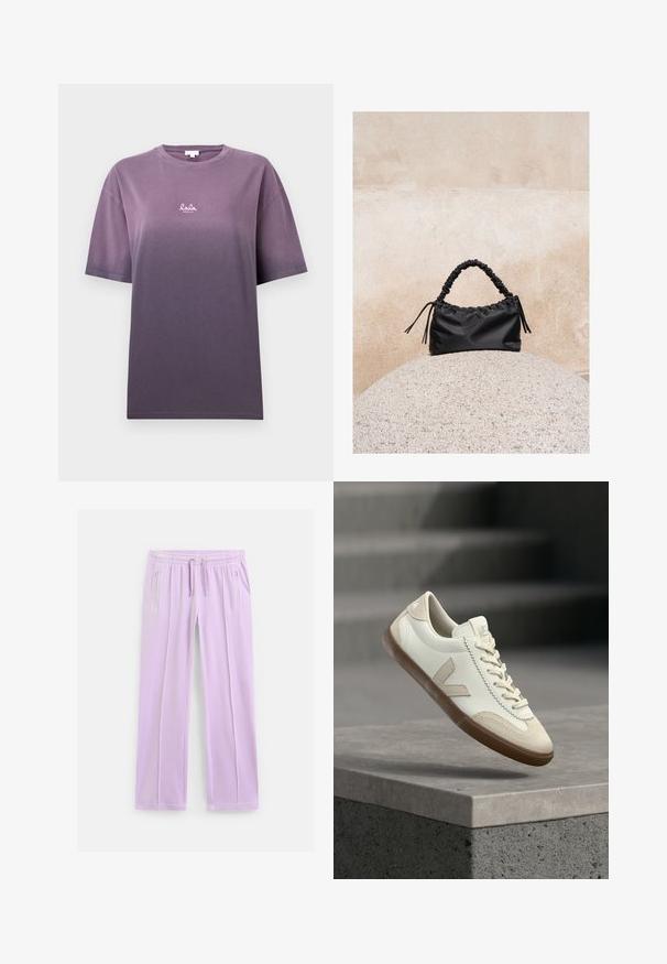 Lilla gradient t-shirt med korte ærmer, lavet af blødt bomuld. Har et lille hvidt logo "lala" på fronten. Glat tekstur, afslappet pasform.; Lyse lilla sweatpants med lige ben, elastisk talje, justerbare snore og lynlåslommer i siderne.; Hvid og beige sneaker med gummisål, svævende over grå betonoverflade med slørede trapper i baggrunden.; Sort håndtaske med rynkede detaljer og et samlet håndtag, hvilende på en tekstureret stensfære mod en beige betonvæg.