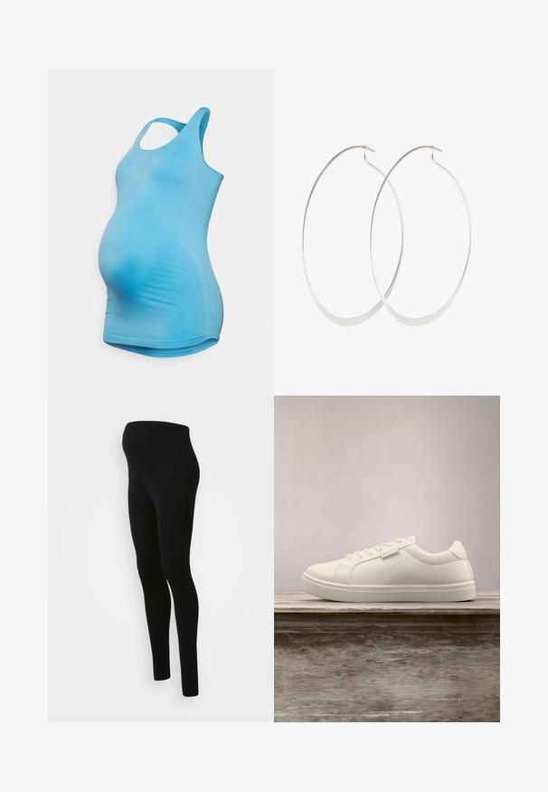 MAMALICIOUS MLHEAL ACTIVE - Top - azure blue; Sorte graviditetsleggings med en høj, støttende talje, glat tekstur, tætsiddende design og ingen synlige mønstre eller udsmykninger.; Hvide lædersneakers med snørebånd svævende over en træbænk, grøn høj græs sløret i baggrunden udendørs.; Sølv hoops øreringe med et tyndt, glat design; langstrakt oval form; poleret finish; har en sikker krog lukning.