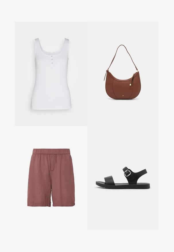 Weißes Tanktop aus geripptem Stoff mit einem Rundhalsausschnitt und drei metallischen Druckknöpfen an der Front. Glatte Textur, figurbetonter Schnitt.; Burgunderfarbene Shorts aus leichtem Material, mit elastischem Bund, lockerer Passform und Seitentaschen. Glatte Textur ohne Muster.; Schwarze Sandalen mit flacher Sohle, verstellbarer Schnalle, zwei breiten Riemen und glatter Textur, die für Komfort und einfaches Tragen ausgelegt sind.; Braune Kunstleder-Schultertasche mit geschwungener Form, minimaler Naht und goldfarbener Hardware-Akzent. Verfügt über einen oberen Reißverschluss und einen verstellbaren Trageriemen.