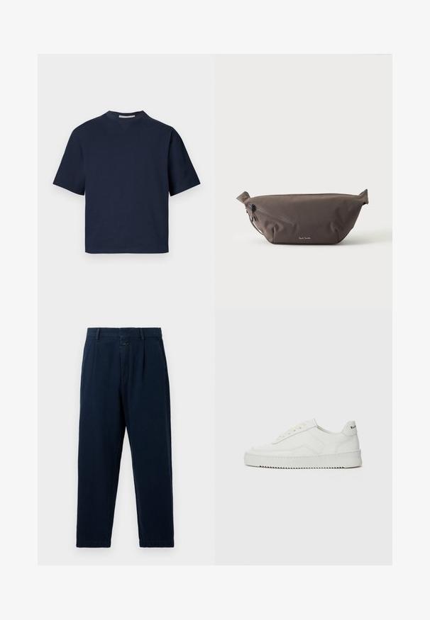 Mørkeblå kortærmet T-shirt med V-hals, lavet af blødt materiale, med en afslappet pasform og minimalistisk design, uden synlige mønstre eller metaldele.; CLOSED BLOMBERG - Baggy jeans - dark blue; Hvide lædersneakers med en glat overflade, rund tå, flade snørebånd og en tekstureret sål. Har et diskret logo på hælen.; Mørkebrun stof talje taske med diagonalt lynlåslomme og lille hvidt logo på fronten, sat mod en ensfarvet lys baggrund.