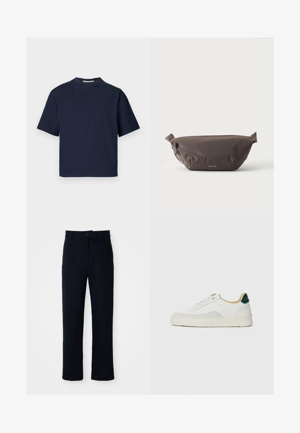 Mørkeblå kortærmet T-shirt med V-hals, lavet af blødt materiale, med en afslappet pasform og minimalistisk design, uden synlige mønstre eller metaldele.; Mørkeblå bukser lavet af bomuld, med en lige ben-design, en frontknaplukning og en klassisk talje med bæltestropper.; Hvide sneakers med ruskindsdetaljer, rund tå, flade snørebånd og en cremet gummisål. Har grøn branding på hælen.; Mørkebrun stof talje taske med diagonalt lynlåslomme og lille hvidt logo på fronten, sat mod en ensfarvet lys baggrund.