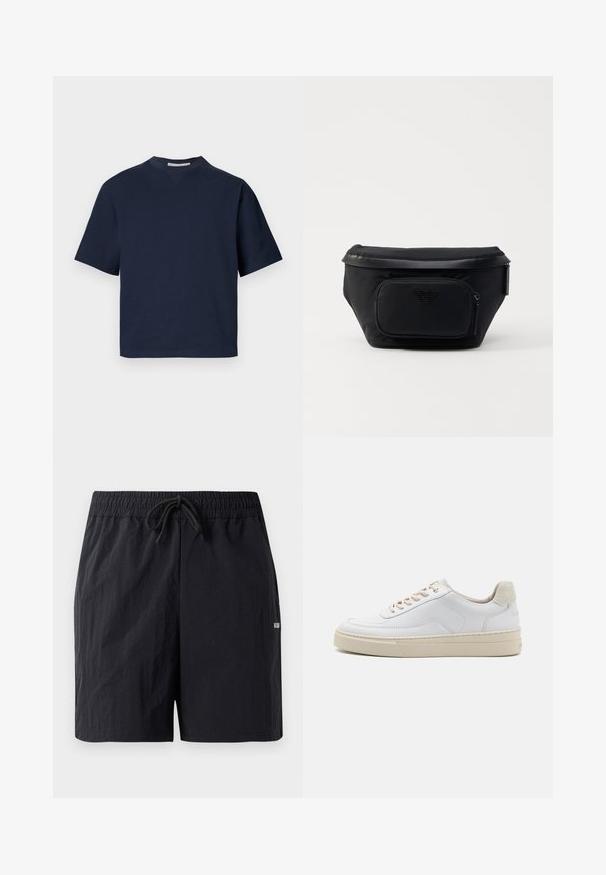 Marineblauw korte mouwen t-shirt met een V-hals, gemaakt van zacht materiaal, met een ontspannen pasvorm en minimalistisch ontwerp, zonder zichtbare patronen of hardware.; Zwarte zwembaden met een textuurstof, voorzien van een elastische tailleband met trekkoord en een klein logo aan de zijkant.; Witte sneaker met een gevoerd leren bovenwerk, beige veters en een gestructureerde beige suede hieltab. Verhoogde zool voor extra hoogte.; Zwarte nylon tas met een voorzak van rits, met een gladde textuur en een logo-accent. Gestructureerd ontwerp met een omslag bovenkant.