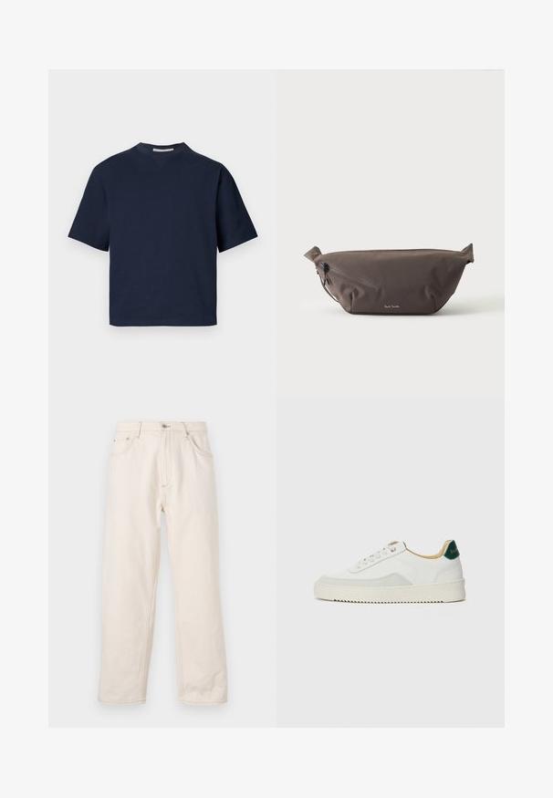 T-shirt à manches courtes bleu marine avec un col en V, fabriqué dans un matériau doux, avec une coupe décontractée et un design minimaliste, sans motifs ni accessoires visibles.; Jean droit beige en denim, avec une fermeture à boutons, cinq poches et des détails de couture visibles. Texture lisse.; Baskets blanches avec des accents en daim, bout arrondi, lacets plats et semelle en caoutchouc crème. Présente une marque verte sur le talon.; Sac banane en tissu marron foncé avec poche zippée en diagonale et petit logo blanc sur le devant, sur un fond clair uni.