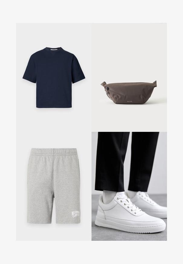 Marineblaues Kurzarm-T-Shirt mit V-Ausschnitt, aus weichem Material, mit lockerer Passform und minimalistischem Design, ohne sichtbare Muster oder Beschläge.; Graue Baumwollshorts mit einem elastischen Bund und einem weißen Logo auf der unteren rechten Seite. Weicher Stoff, knielanger Schnitt.; Weiße Leder-Sneaker mit flacher Gummisohle, ausgestattet mit einer glatten Oberfläche, runder Zehenpartie und Metallösen für die Schnürsenkel. Getragen mit schwarzen Hosen.; Dunkelbraune Stoff-Gürteltasche mit diagonalem Reißverschlussfach und kleinem weißen Logo vorne, vor einem einfarbigen hellen Hintergrund.