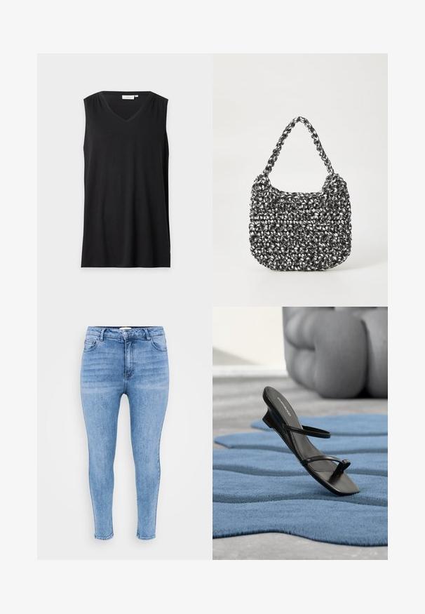 Sort ærmeløs V-hals top med subtil gathered detalje på skuldersømme, vist på en neutral grå baggrund.; Lysblå skinny jeans lavet af denim, med høj talje, fem-lomme design og let falmning langs lårene.; Sort sandal med remme og tå-loop vist på et blåt tekstureret tæppe, med en stor grå dekorativ genstand sløret i baggrunden.; Vævet håndtaske i sort og hvid med en rund form, tekstureret overflade og et fletet håndtag. Velegnet til afslappet brug.