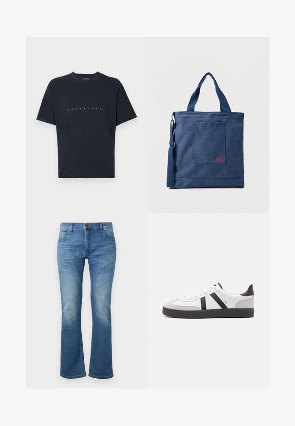 Musta puuvillapaita, jossa on lyhyet hihat ja pyöreä kaula-aukko. Etupuolella on "JACK & JONES" rohkealla oranssilla fontilla. Sileä pinta.; Siniset farkut, joissa hieman lievästi levenevät lahkeet, edessä napitettava ja vetoketjullinen suljin sekä haalistumat reisissä ja polvien kohdalla.; Valkoiset lenkkarit mustilla ja harmailla yksityiskohdilla, joissa on teksturoitu harmaa kärki, musta kumipohja ja litteät valkoiset nauhat. Siisti muotoilu, minimalistinen tyyli.; Sininen kangaskassi, jossa etutasku ja punainen "O.N.S"-kirjailu, kaksin kahvoin ja säädettävällä olkahihnalla.