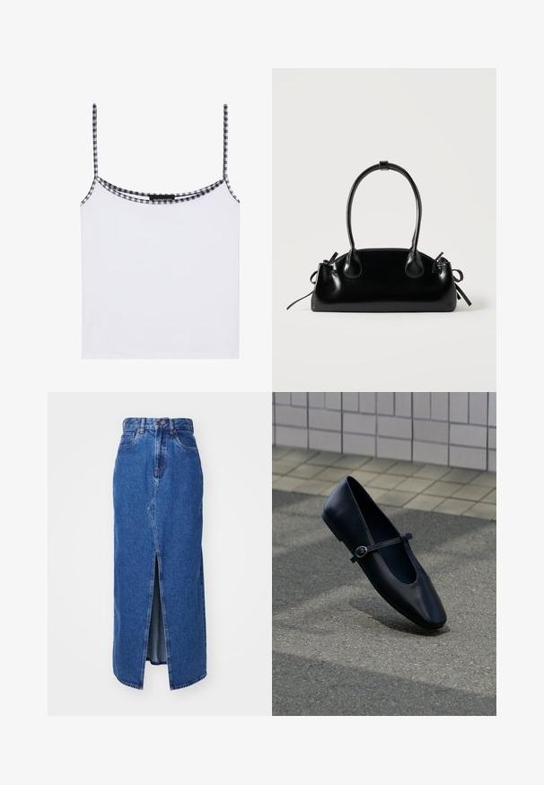 Weißes Tanktop aus weichem Stoff, mit schmalen Spaghettiträgern und einem karierten schwarz-weißen Saum entlang des Ausschnitts.; Denim-Maxi-Rock in Mittelblau mit Schlitz vorne, hoher Taille und klassischem Fünf-Taschen-Design. Mit kontrastierenden Nähten und einem Reißverschluss.; Schwarzer Leder-Mary-Jane-Ballerina mit kleinem Schnallenriemen, auf grauem Asphaltboden nahe einer gefliesten Wand platziert.; Kleine schwarze glänzende Handtasche mit zwei langen Griffen und seitlichen Kordelzug-Details vor einfachem hellem Hintergrund.